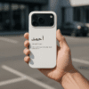 Male hand holding Personalized Arabic Name Phone Case in parking lot