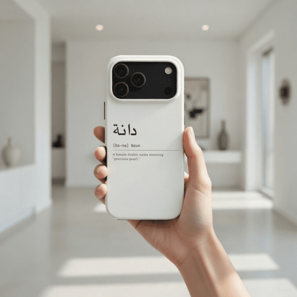 girl hand holding Personalized Arabic Name Phone Case in home hall