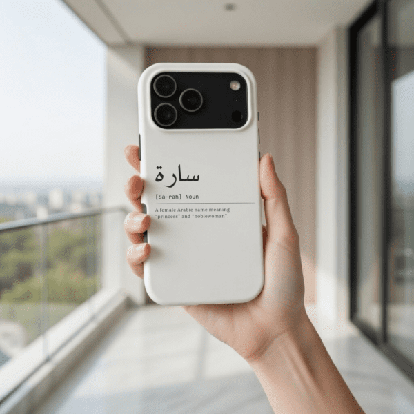 girl hand holding Personalized Arabic Name Phone Case in balcony