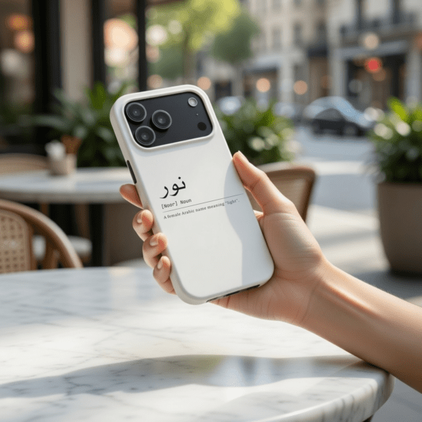 girl hand holding Personalized Arabic Name Phone Case in public café