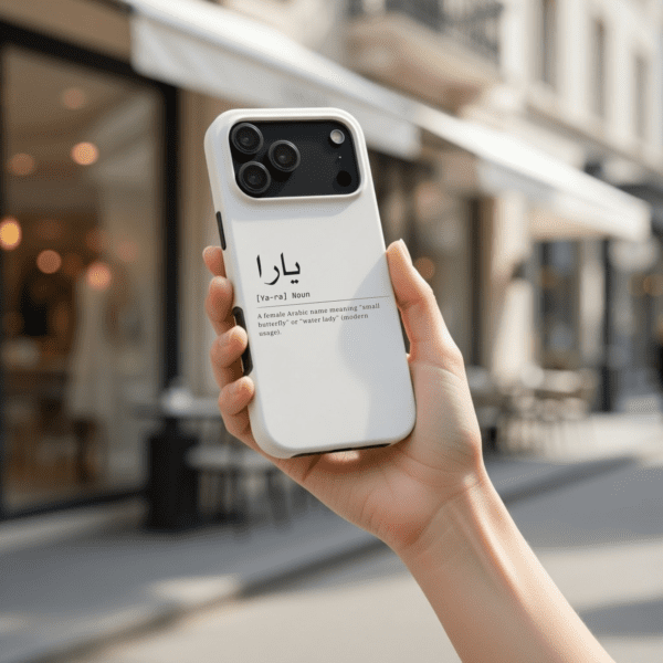 girl hand holding Personalized Arabic Name Phone Case outside café front door